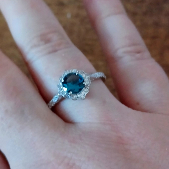 CZ and Aquamarine 925 silver engagement ring